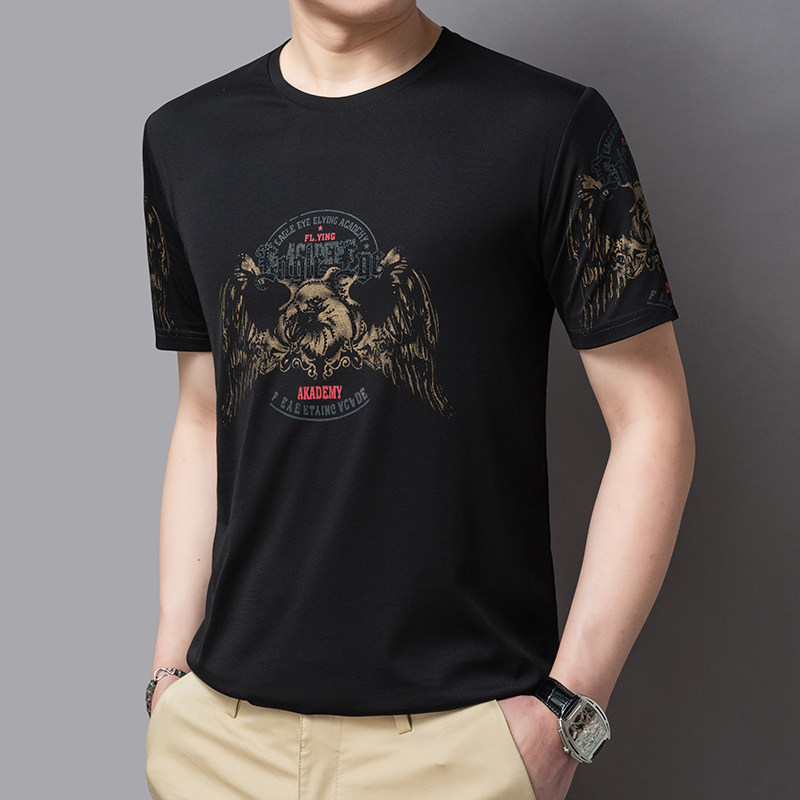 夏季短袖烫钻欧美风社会精神小伙大码冰丝光棉猫头鹰t恤黑9587P40，男装T恤，星座1207