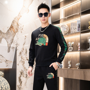 秋冬时尚套装简欧圆领休闲男士卫衣两件长袖长裤印花黑色9349P120,男装休闲套装,星座1207