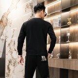 秋冬时尚套装简欧圆领休闲男士卫衣两件长袖长裤印花黑色9352P120，男装休闲套装，星座1207