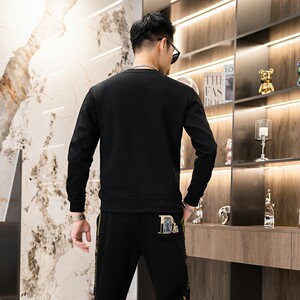 秋冬时尚套装简欧圆领休闲男士卫衣两件长袖长裤印花黑色9352P120图片