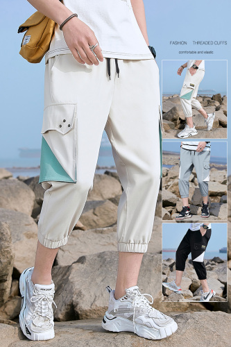 Summer casual shorts men's tooling cigarette pipe Capris Capris leg closing big pocket beach pants grey