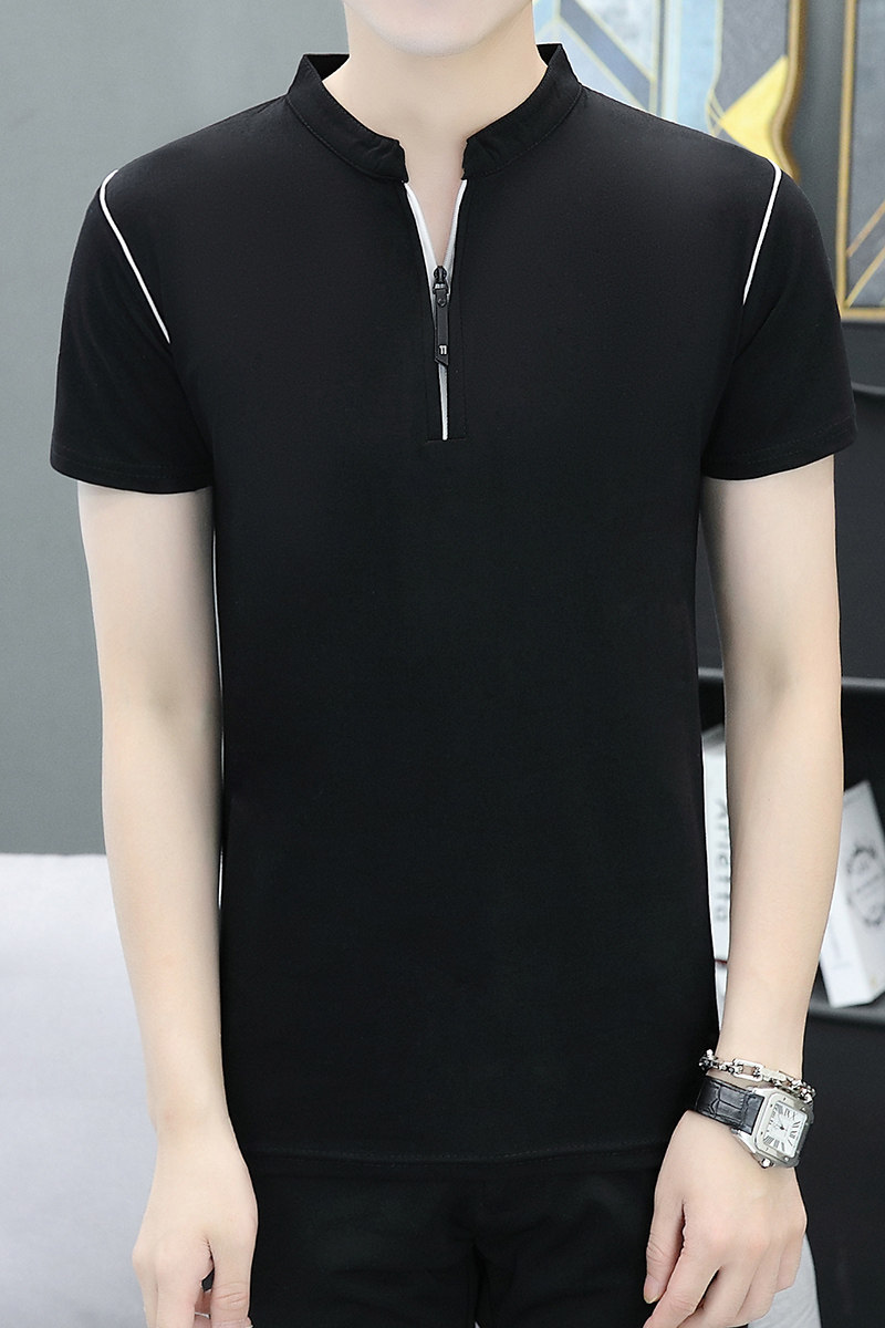 夏季短袖拉链衬衫翻领清凉印花T恤抖音商务韩版休闲透气黑8528P27,男装T恤,星座1207