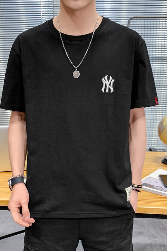 夏季短袖棉情侣NY圆领五分袖刺绣落肩t恤男大码微胖黑9551,男装T恤,星座1207