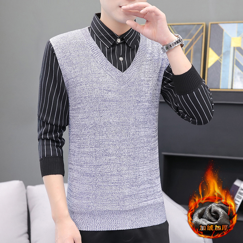 Two piece business Pullover embroidery knitted sweater dark grey