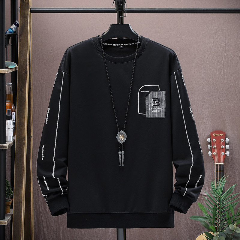 长袖卫衣男t恤男大码圆领套头刺绣宽松休闲精工艺平铺黑色9756P40图片