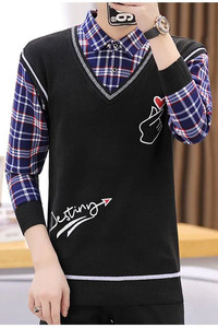 秋冬毛衣男套头假两件条纹衬衫爱心刺绣商务翻领针织浅灰M293P30图片