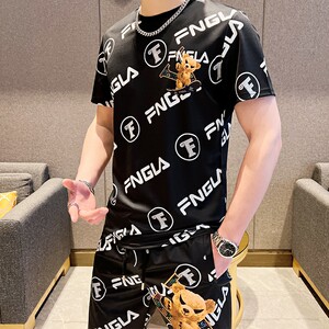 夏季透气运动休闲套装百搭圆领社会潮流简欧版短袖短裤白9344P60图片