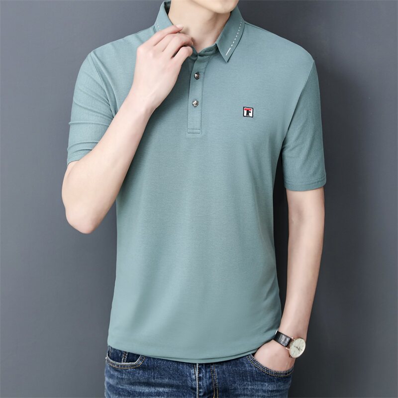 夏季棉短袖Polo衫领线条t恤男修身百搭时尚精神商务绅士绿9575P40图片