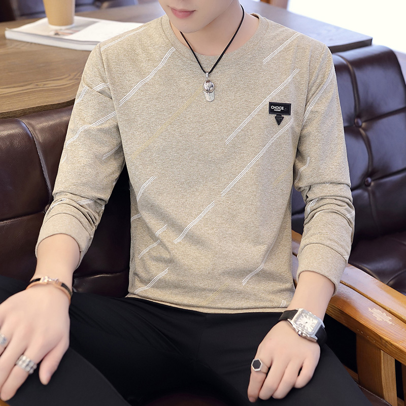 Autumn long sleeve men's colored cotton slant stripe thin sweater men's t-shirt men's fashion printed round neck Pullover Khaki