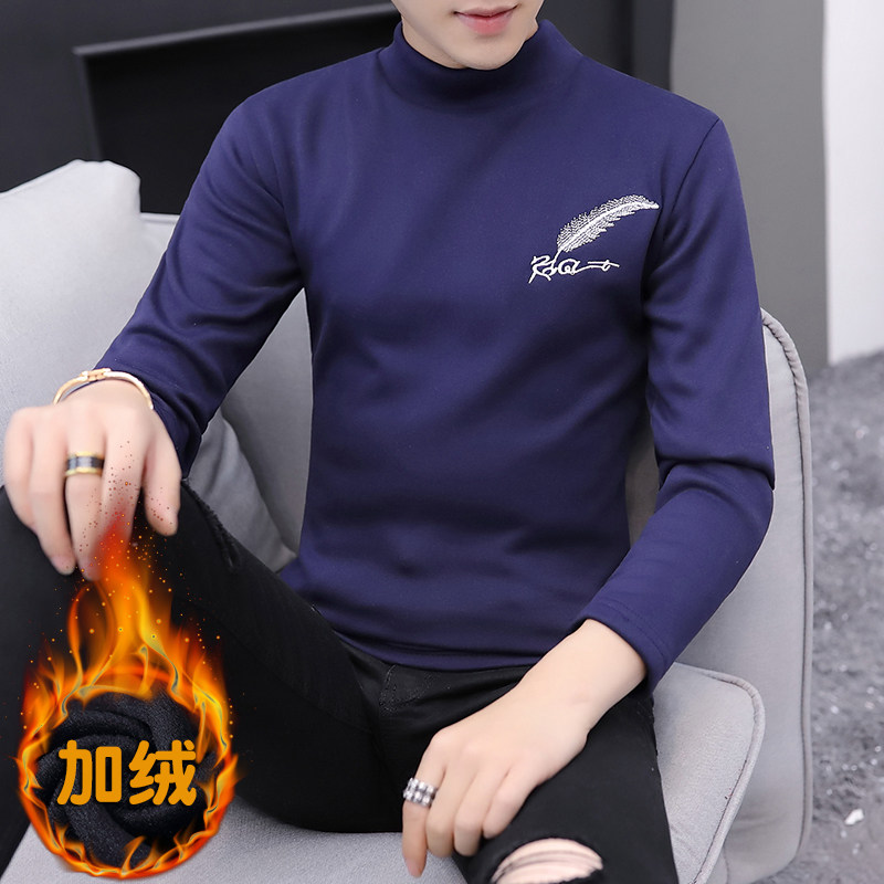 冬季半高领刺绣卫衣男t恤男休闲加绒加厚保暖打底长袖黑316P20,男装卫衣,星座1207