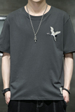 夏季短袖棉情侣飞鹤圆领五分袖刺绣落肩t恤男大码S灰9581P22，男装T恤，星座1207