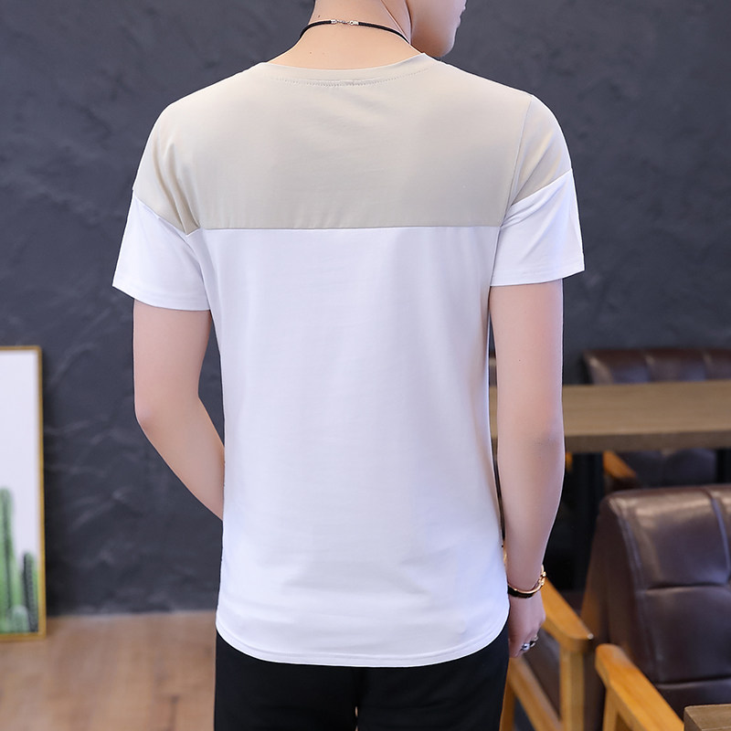 夏季主推棉短袖T恤男V领学生外贸多线条纹商务卫衣男拼接黑781P20,男装T恤,星座1207