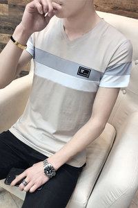 夏季短袖T恤男V领套头外贸条纹商务卫衣男拼接卡其色762P20图片
