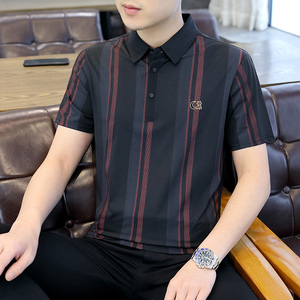 夏季棉短袖半袖Polo衫翻领t恤男冰丝粗条纹商务五分袖卡其8502P40图片