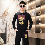 秋冬时尚套装简欧圆领休闲男士卫衣两件长袖长裤印花白色9351P120，男装休闲套装，星座1207