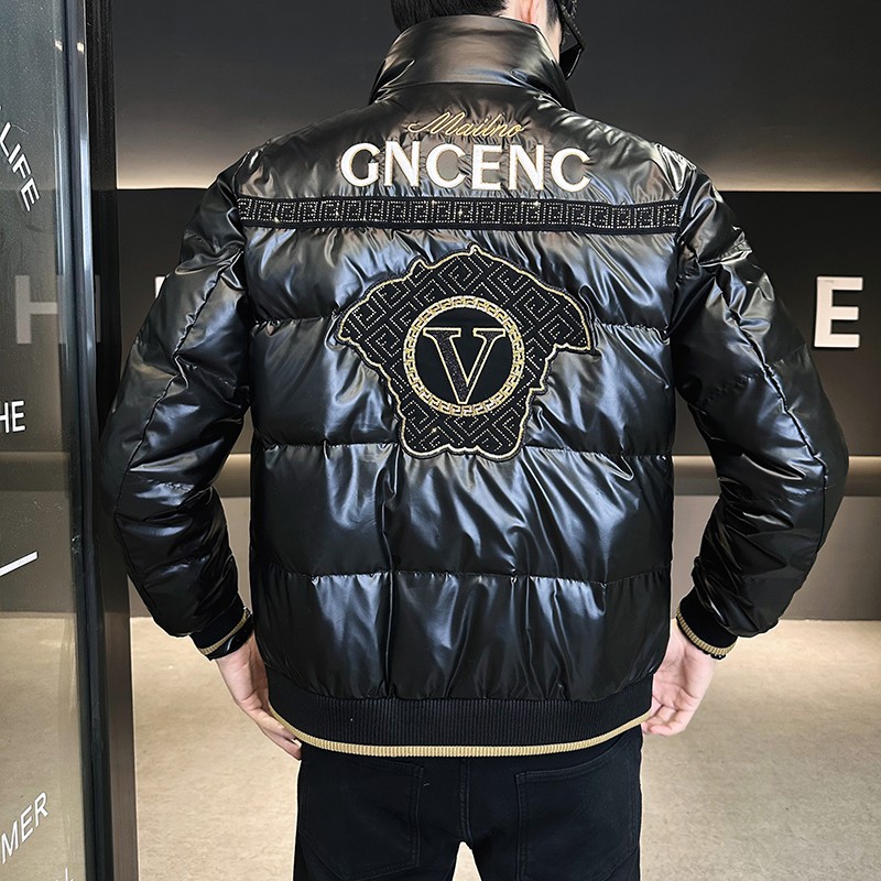 冬季简欧洲站羽绒服刺绣亮面90%白鸭商务立领厚外套黑色Y9183P280,男装羽绒服,星座1207