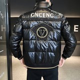 冬季简欧洲站羽绒服刺绣亮面90%白鸭商务立领厚外套黑色Y9183P280，男装羽绒服，星座1207