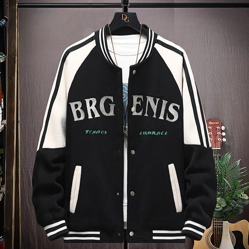 高质量直播颗粒绒拼接日系棒球服男夹克外套风衣棉服黑色9823P75，男装夹克，星座1207