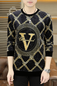 秋冬金丝绒高端打底衫轻奢简欧卫衣男大码修身字母印花黑9229P45图片