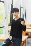 春季棉纯色休闲V领扣子长袖男T恤男卫衣男贴身修身舒适黑色602P18，男装T恤，星座1207