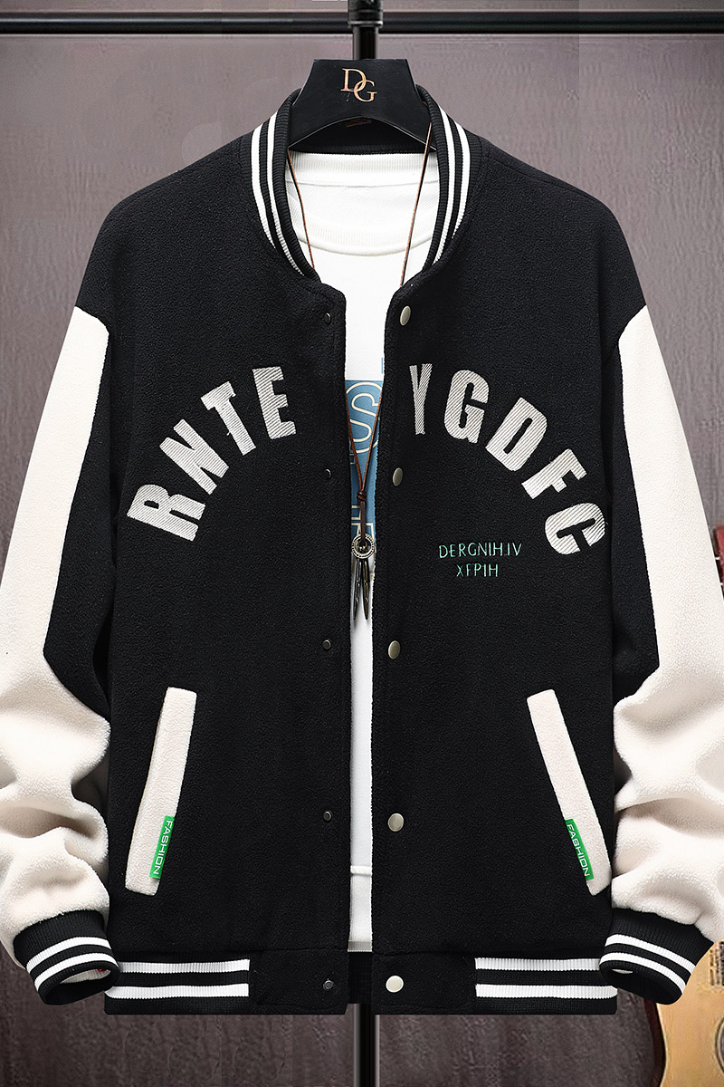 高质量直播颗粒绒拼接日系棒球服男夹克外套风衣棉服黑色9825P75,男装夹克,星座1207