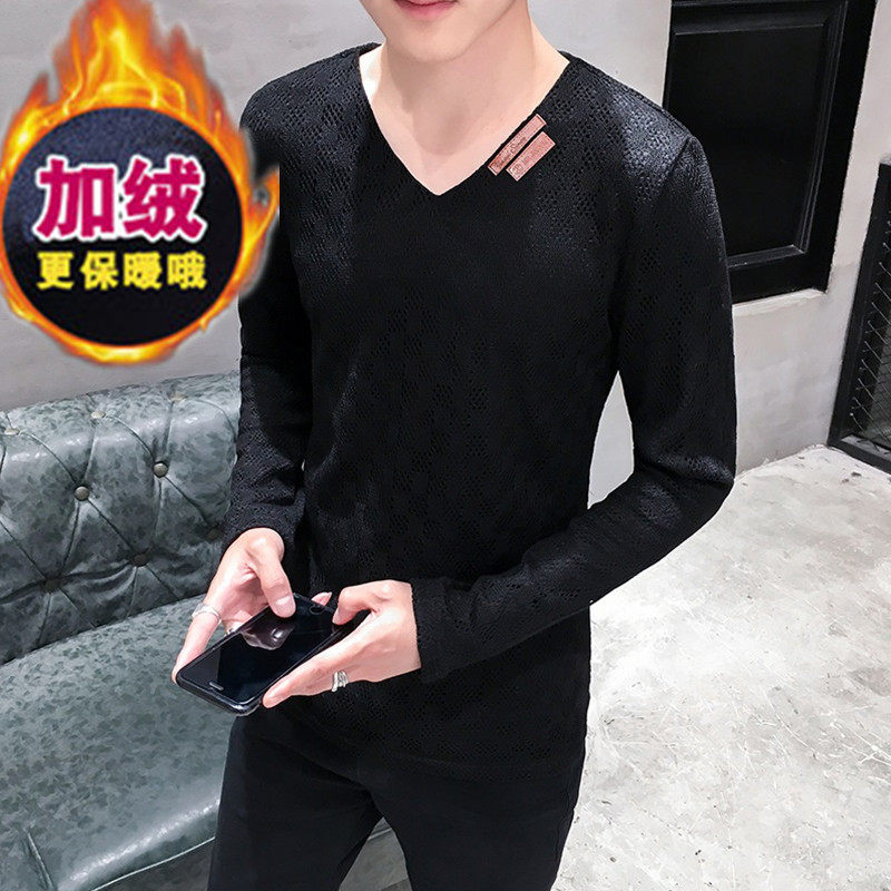 冬季加绒加厚长袖男保暖卫衣男外贸大码网格纱打底衫黑K13加绒P30图片