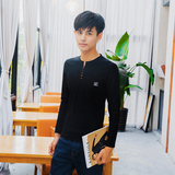 春季套头长袖棉卫衣男T恤男休闲舒适学生长袖V领5粒扣白色601P18，男装T恤，星座1207
