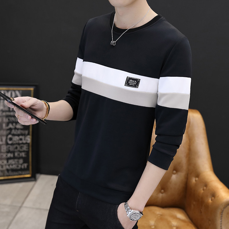 多彩创意拼接贴标长袖卫衣男青年店主风T恤男2黑702-P20图片