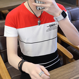 夏季全棉短袖男T恤男V领卫衣套头青年拼接条纹商务英文粉色768P20，男装T恤，星座1207