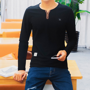 春季薄款卫衣男T恤男流行透气舒适棉贴身修身长袖V领扣子黑603P18图片