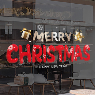 扮布置 饰玻璃贴纸窗贴门贴商场装 Merry Christmas静电贴圣诞节装