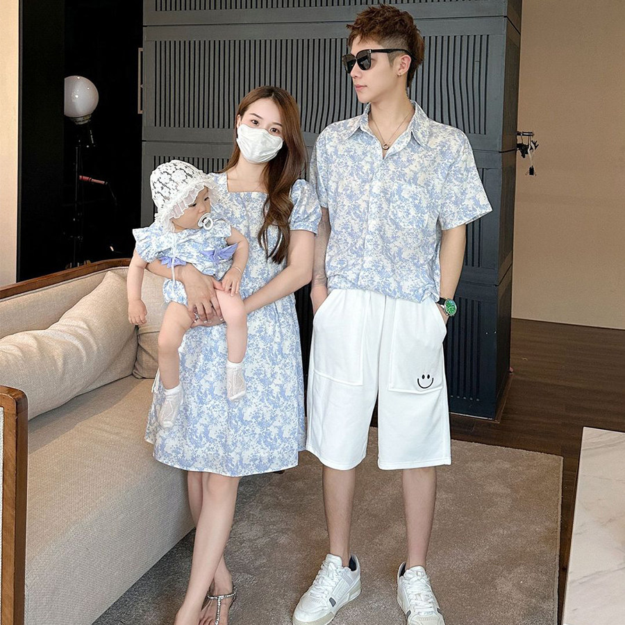 해변 해변 정장 여름 2024 새로운 활 작은 꽃 부모 - 자식 드레스 중국 스타일 아동복 트렌드
