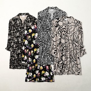 桑蚕丝真丝针织 修身小V领 印花7七分袖套头T恤 中长款衬衫 女