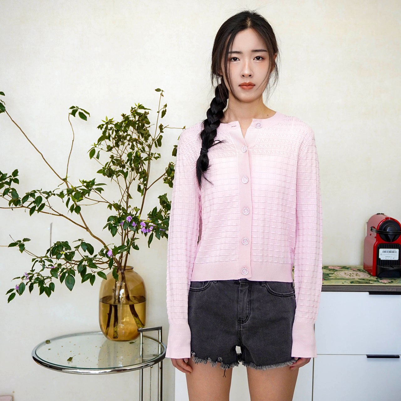 显瘦名媛小香风！春夏新款格纹麻花理纹设计进口丝绒羊毛针织开衫