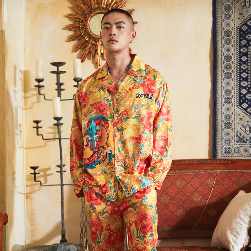 马丁与香蕉新中式原创国潮龙袍配色牡丹燕子男士睡衣家居服套装