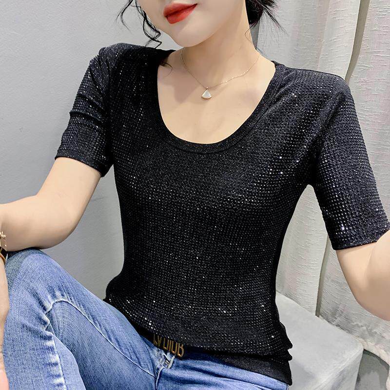 YX-005夏重工烫钻修身显瘦T恤女时尚气质圆领短袖亮钻上衣代发