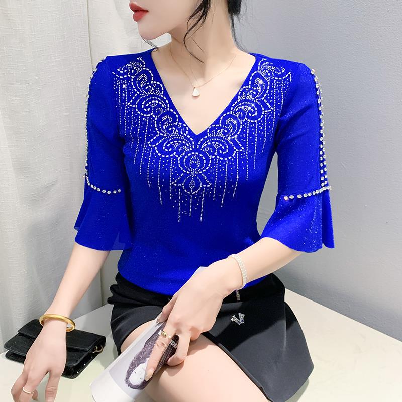 主播优选PYX-512夏季新款V领网纱半袖露肩钻扣时尚洋气女上衣T恤