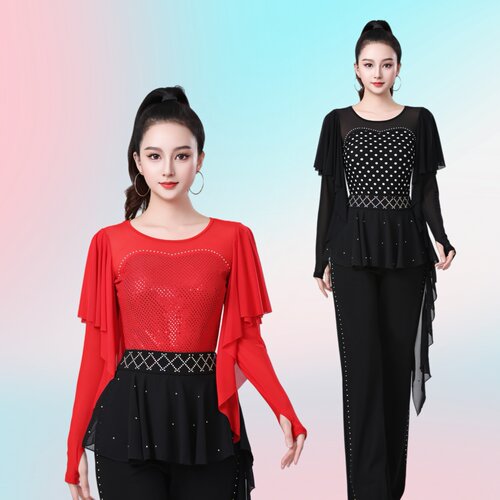 PYX-906吉特巴上衣女长袖广场舞服装女网纱拼色荷叶边舞蹈服