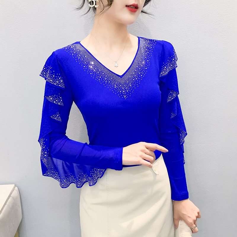 YX-880上新款网纱时尚圆领镂空重工荷叶边烫钻百搭长袖女上衣