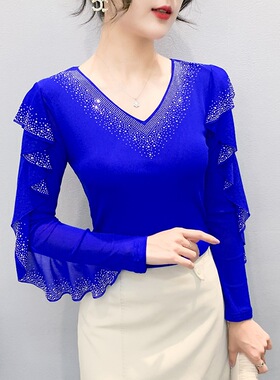 YX-880上新款网纱时尚圆领镂空重工荷叶边烫钻百搭长袖女上衣