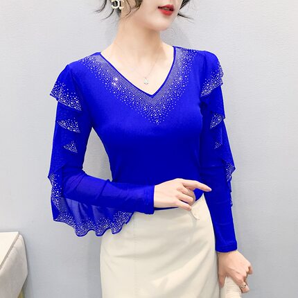 YX-880上新款网纱时尚圆领镂空重工荷叶边烫钻百搭长袖女上衣