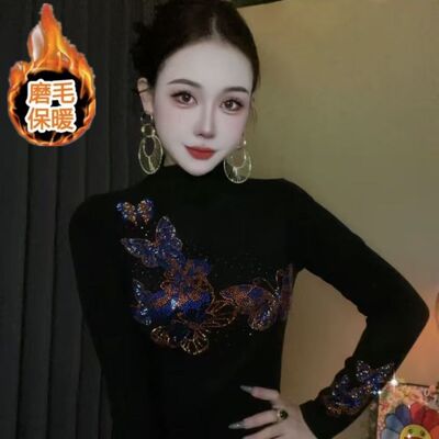 PYX-882秋冬季烫钻打底衫女新款半高领洋气上衣显瘦长袖T恤