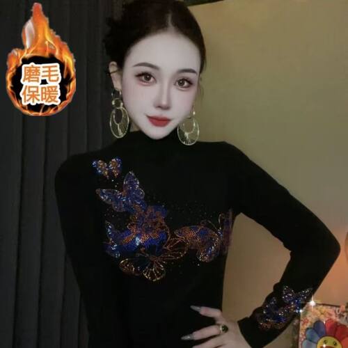 PYX-882秋冬季烫钻打底衫女新款半高领洋气上衣显瘦长袖T恤