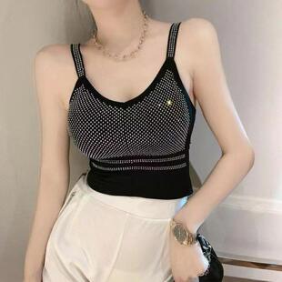 女款黑色性感美背夏季无袖潮流和呵护胸部上衣时尚烫钻背心吊带