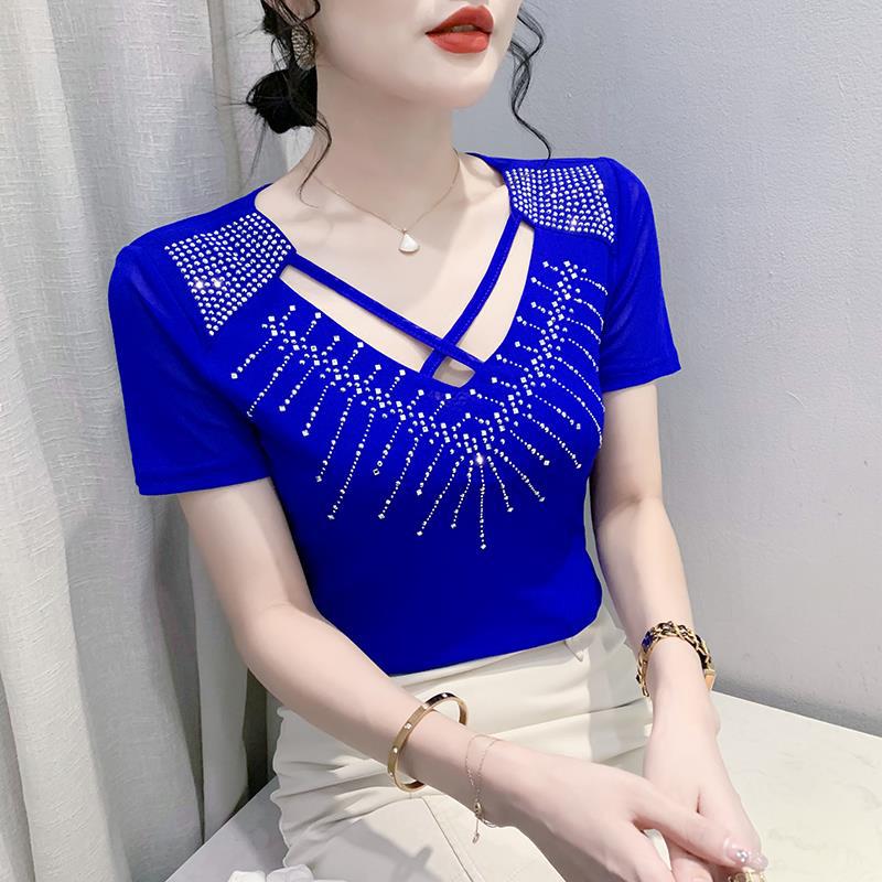 主播优选PYX-103夏季网纱时尚交叉镂空烫钻百搭显瘦短袖女上衣