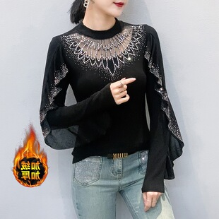 高领花边镂空镶钻洋气显瘦打底衫 秋冬抓毛新款 女 888广场舞上装