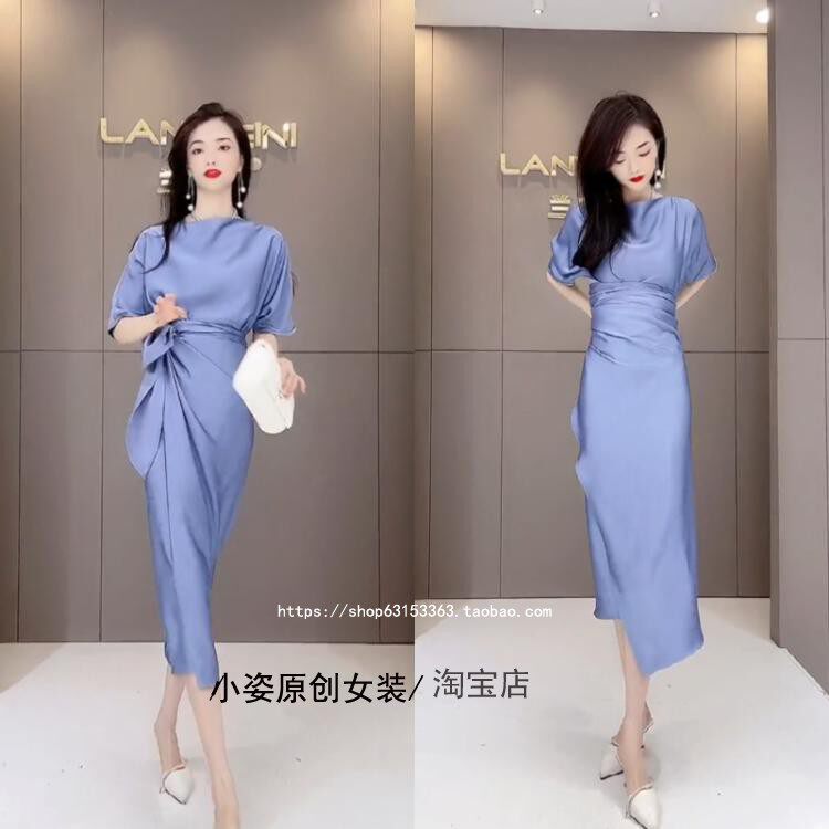 纯色系带一片式收腰一字肩连衣裙