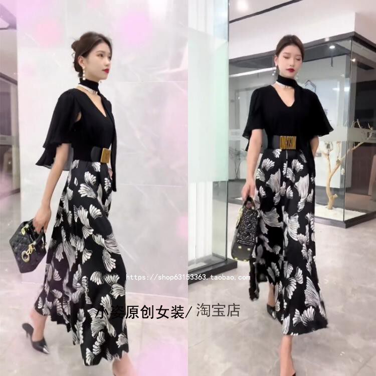 高端气质V领挂脖花色修身连衣裙