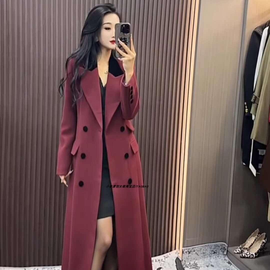 冬季毛呢夹棉大衣女中长款过膝西装领双排扣呢子风衣外套加厚潮流