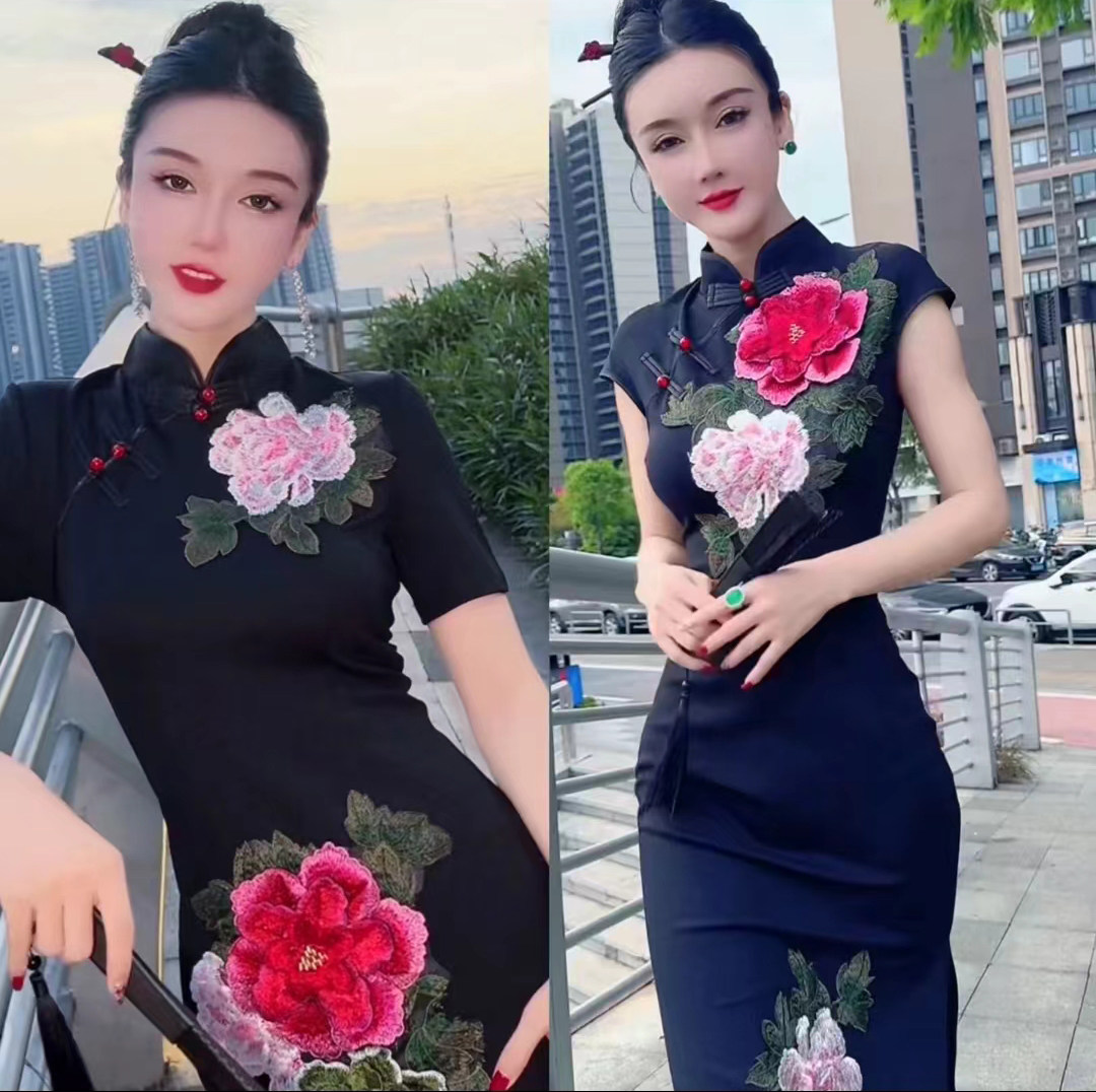 玫瑰旗袍风情万种花开富贵牡丹复古盘扣2026夏季背心弹力显瘦裙子